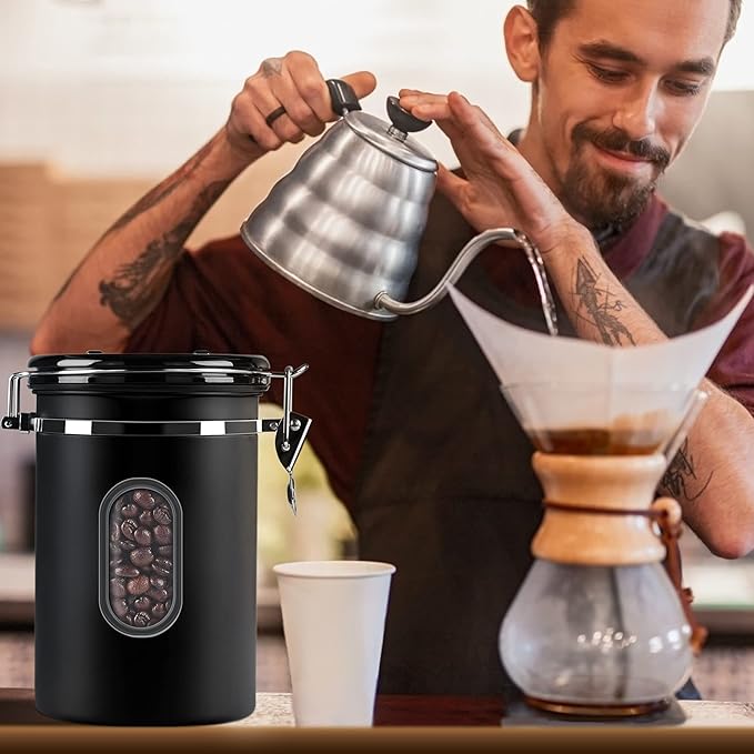 1500ML Airtight Coffee Canister with Date Tracker&Transparent Window, 18OZ Coffe Beans Storage with 30ML Measure Spoon&4 co2 Valve, Coffee Container for Grounds Coffee, Beans, Tea, Sugar, Flour(Black)