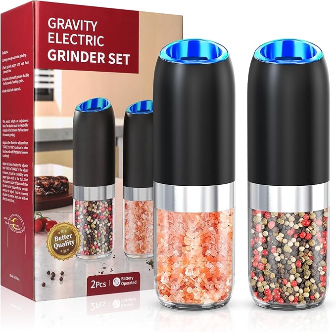 BoAn Gravity Electric Pepper Grinder, Battery Operated Salt and Pepper Grinder Set,Ceramic Larger Chamber Spice Mill Refillable,Adjustable Coarseness Salt Mill for Kitchen Housewarming Gifts New Home