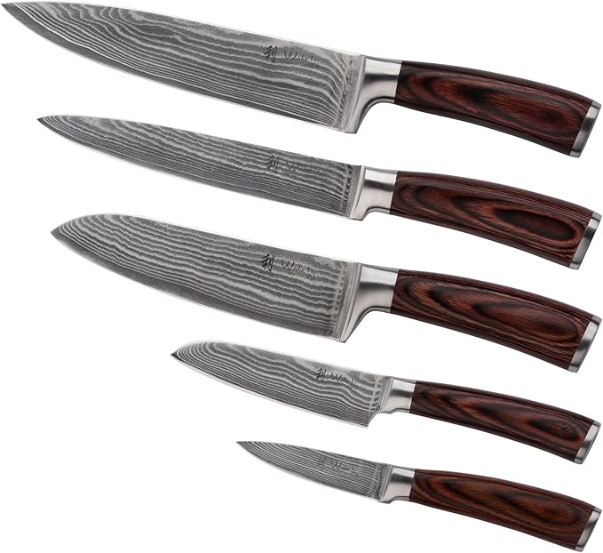 Wakoli EDIB 5-Piece Damascus Knife Set – Japanese Style Professional Kitchen Knives | Genuine Damascus Steel Blades with VG10 Core | Ergonomic Pakkawood Handles | Premium Chef Knife Set