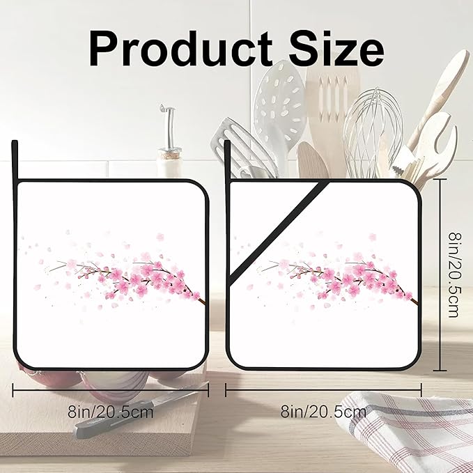 Cherry Blossom Pot Holders Set of 2 Heat Resistant & Non Slip Potholders, Japanede Sakura Oven Hot Pads for Kitchen Cooking Baking Barbecue