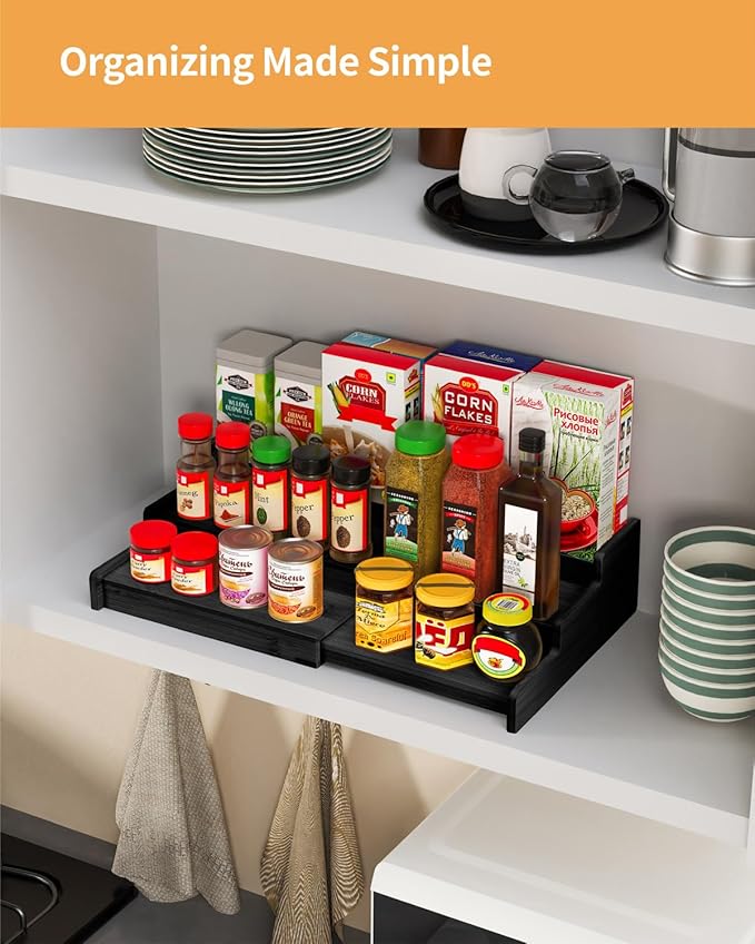 Spice Rack Organizer, 3 Tier Expandable Bamboo Spice Rack Organizer, Great for Kitchen Cabinet, Cupboard, Pantry and More-Black