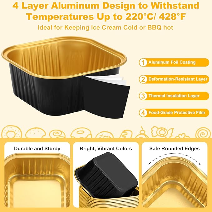100 Pack Mini Cake Pans with Lids and Spoons, 5oz Square Aluminum Foil Loaf Pans Black Gold Small Cake Tins Disposable Baking Pans Dessert Cupcake Cups with Ribbon for Wedding Birthday Party Picnics