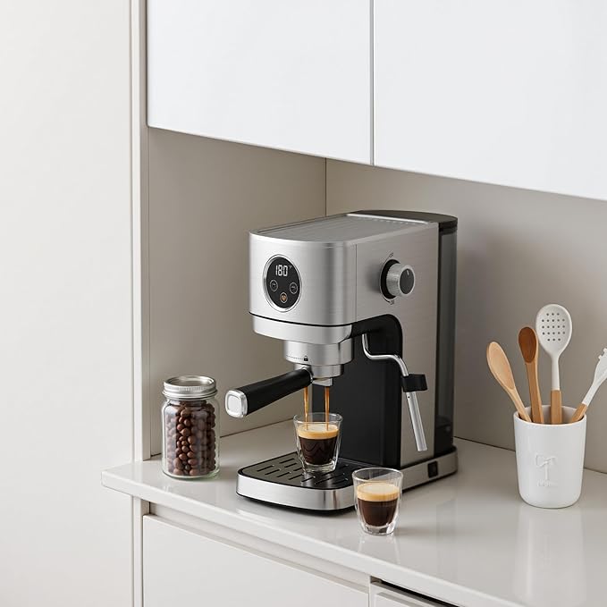 VEGETA Espresso Machine 20 Bar, Small Coffee Maker with 40oz Removable Water Tank, Stainless Steel Espresso Machine with Steam Milk Frother, Latte & Cappuccino Machine for Home, Silver