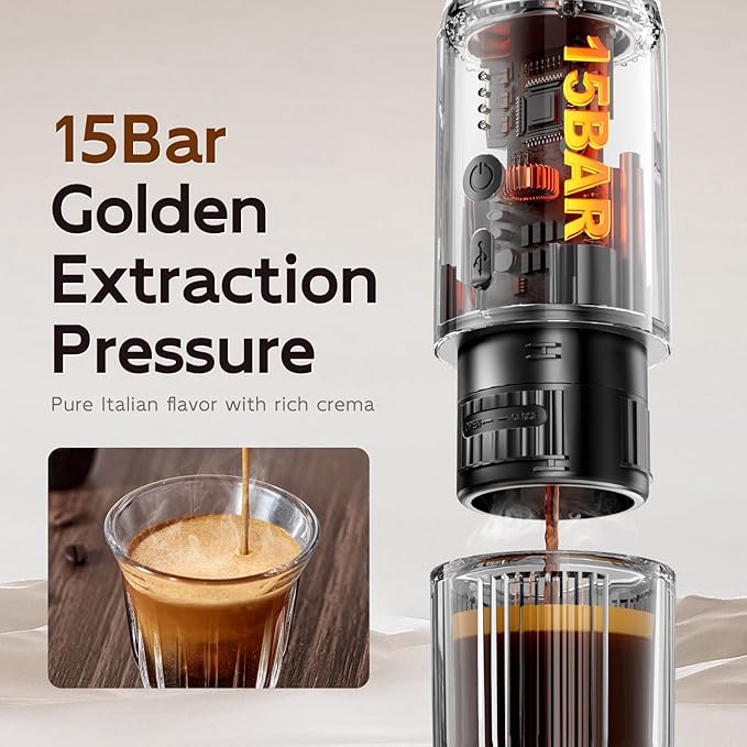 Portable Electric Espresso Machine,15 Bar Self Heating Outdoor Coffee Maker, Travel Coffee Machine for Camping With Ground Coffee and NS Capsule for RV, Office,Car Coffee with carry Bag