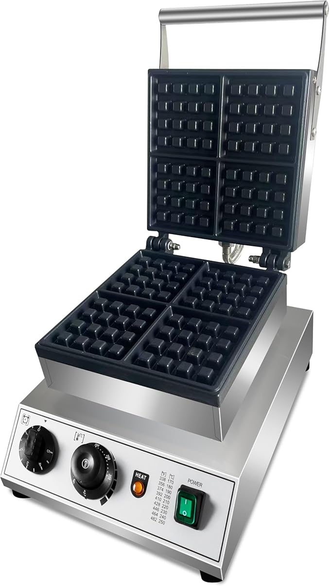 Commercial Waffle Maker, 1600W square Waffle Iron, Non-Stick Belgian Waffle Baker Machine With Temp Range and Time Control, Teflon-Coated Baking Pan Stainless Steel Body