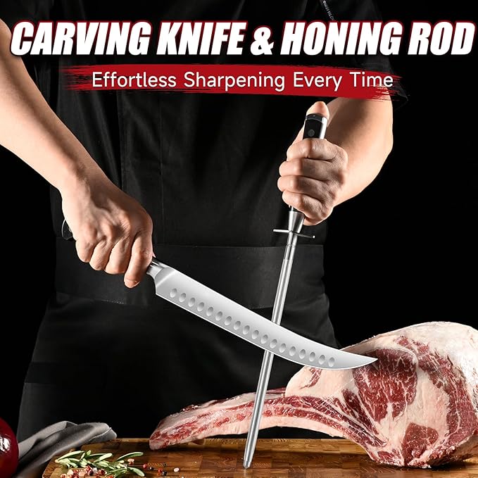 KEEMAKE BBQ Carving Knife Set - 10" Butcher Knife & 10" Honing Rod Slicing Knife Set for Meat Cutting Razor Sharp German Steel with Ergonomic Handle Full Tang Design Gift Box Included