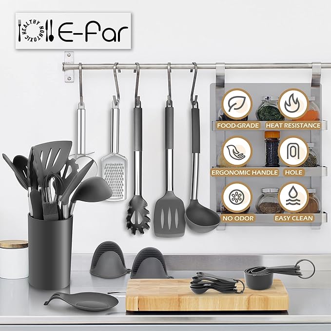 Silicone Kitchen Utensils Set, E-far 30-Piece Cooking Utensils Set with Holder, Heat Resistant Kitchen Spatulas Turner Tong Spoon Whisk Ladle for Nonstick Cookware, Stainless Steel Handle (Gray)