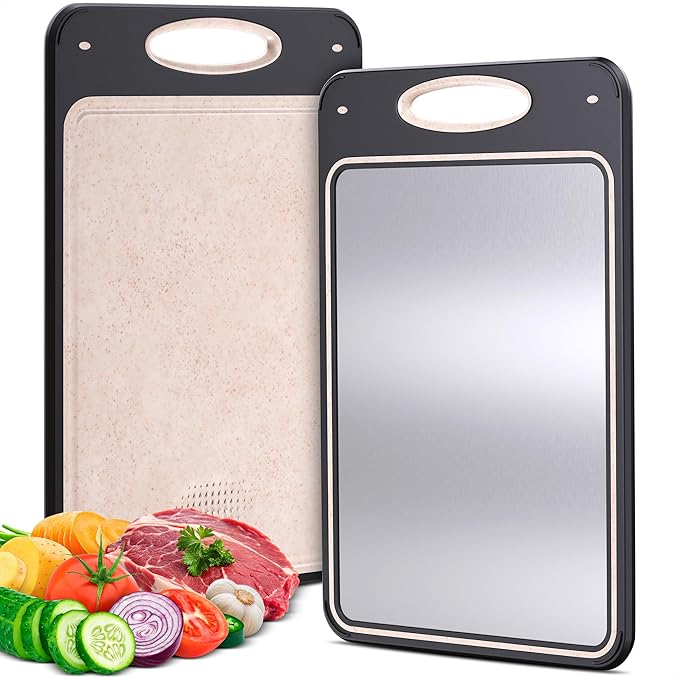 Stainless Steel Cutting Board 16x11 – 304 Stainless Steel Cutting Boards for Kitchen | Easy Grip Handle, Easy to Clean – Double Sided with PP Wheat Straw for Raw Meat, Chopping Fruits & Vegetables