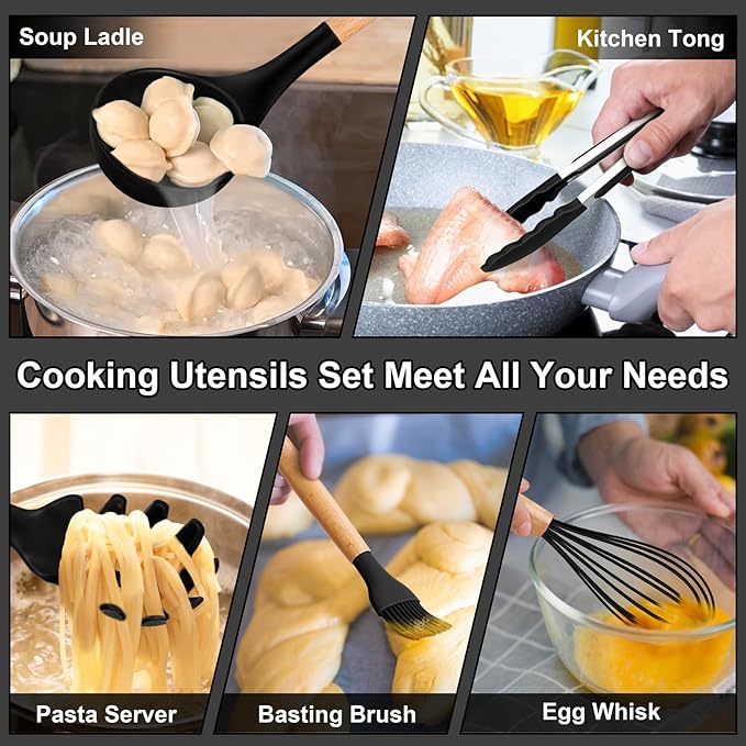 P&P CHEF Silicone Cooking Utensils Set, 12PCS Kitchen Utensils Set with Wooden Handle for Nonstick Cookware, Ladle, Spoon, Spatula, Tong, Heat-resistant & Non-scratch, Non Smell & Healthy, Black