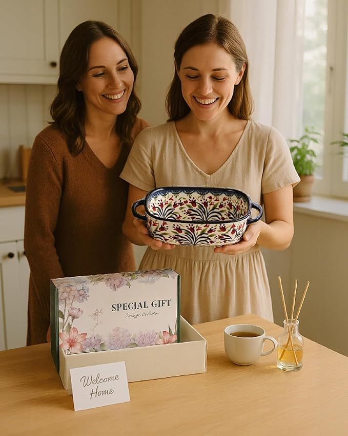 Ceramic Baking Dish Set of 2 – Decorative Polish Pottery Style Casserole Dishes with Handles, Cute Oven-Safe Lasagna Bakeware Gift Set