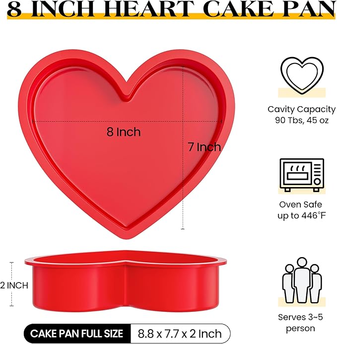 8 Inch Silicone Heart Shaped Cake Pans Small Heart Cake Pan Set Nonstick Silicone Heart Molds for Baking (2 Pcs, Red)