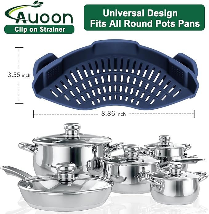 AUOON Clip On Strainer Silicone for All Pots and Pans, Pasta Strainer Clip on Food Strainer for Meat Vegetables Fruit Silicone Kitchen Colander (Navy)