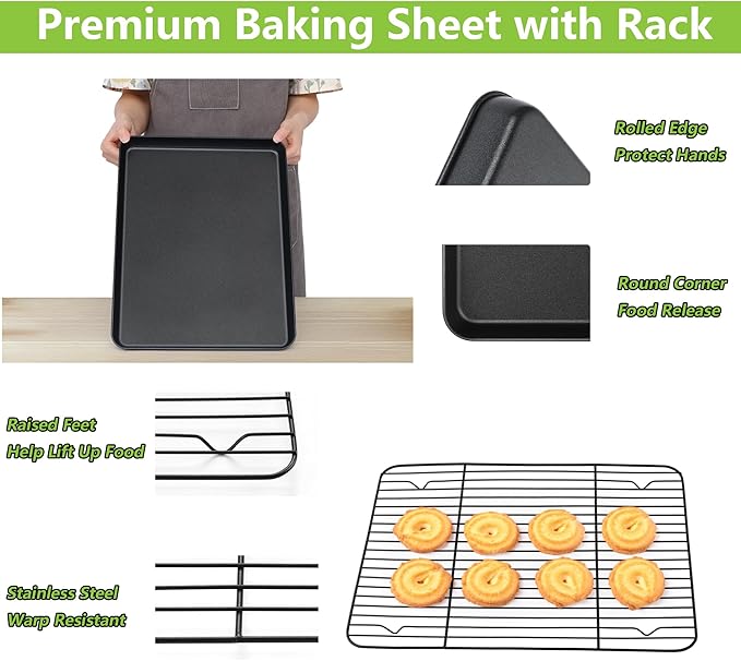 E-far Nonstick Baking Sheet with Rack Set, 16 x 12 x 1 Inch Cookie Sheet Baking Pan with Cooling Rack for Oven, Commercial Grade & Non-Toxic, Easy to Clean