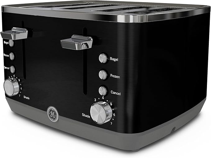 GE 4 Slice Toaster | Extra Wide Slots for Bagels, Breads, Waffles & More | 7 Shade Options | Countertop Kitchen Essentials | 1500 watt, Black