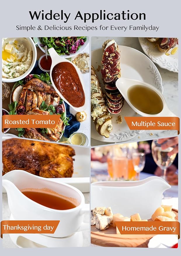 Nucookery Large 18 Oz Gravy Boat with Warmer, White Fine Porcelain Saucier with Big Dripless Lip Spout, Gravy Bowl For Thanksgiving, Warming Sauces, Salad Dressings, Microwave & Freezer Safe(Modern)
