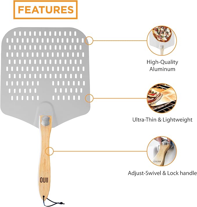 Perforated Pizza Peel - 16 x 14-inch Aluminum Spatula Paddle for Extra Large Pizzas. Foldable Wood Handle for Easy Storage, Pizza Oven Accessories. Premium Tool for Baking Homemade Pizza Pies.