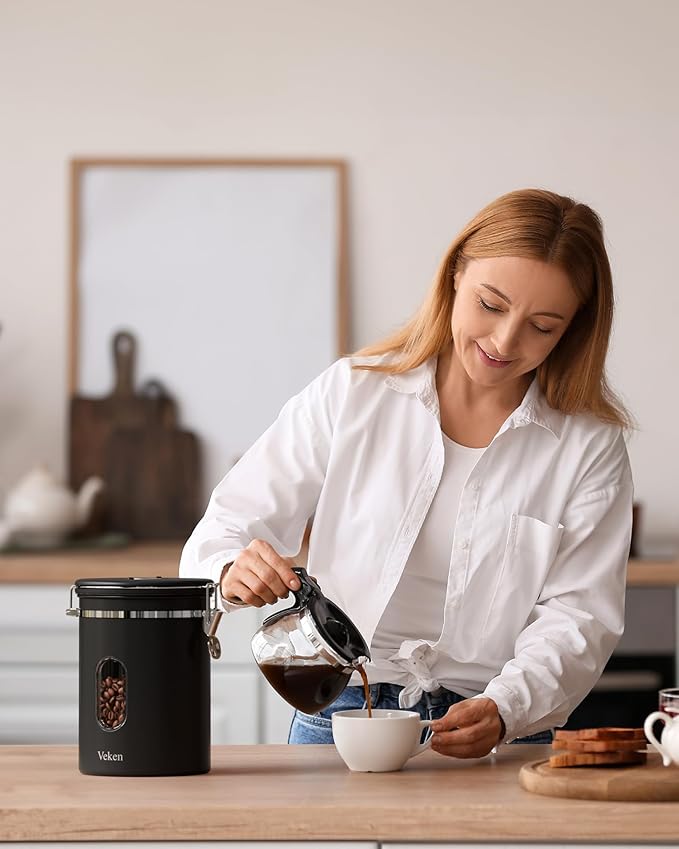 Veken Coffee Canister with Window, Airtight Stainless Steel Kitchen Food Storage Container with Date Tracker and Scoop for Grounds Coffee, Beans, Tea, Flour, Cereal, Sugar, 38&16OZ,Black