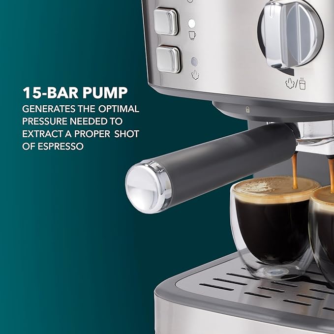 Mr. Coffee Compact Espresso Maker, Espresso Machine With Steam Wand, 15-Bar Pump Automatic Espresso Machine