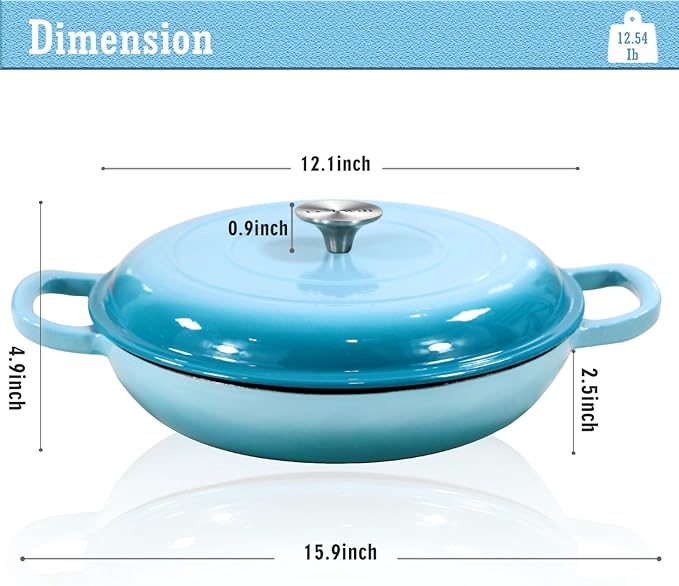 Cast Iron Casserole Braiser, 3.8 Quart,Heavy Duty Casserole Skillet with Lid and Dual Handles, Porcelain Enameled Surface Cookware Pot, Mother's Day Gifts for Family Light Blue