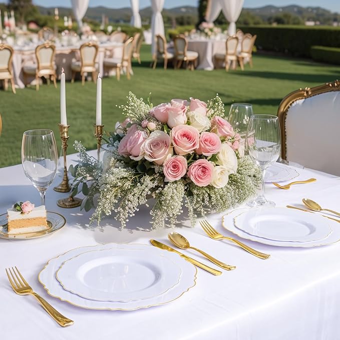 WDF 60pcs Gold Plastic Dinner Plates -10.25inch Baroque White and Gold Wedding Plates Fancy Heavy Duty Fall Plastic Plates for Upscale Thanksgiving Parties & Wedding & Birthday