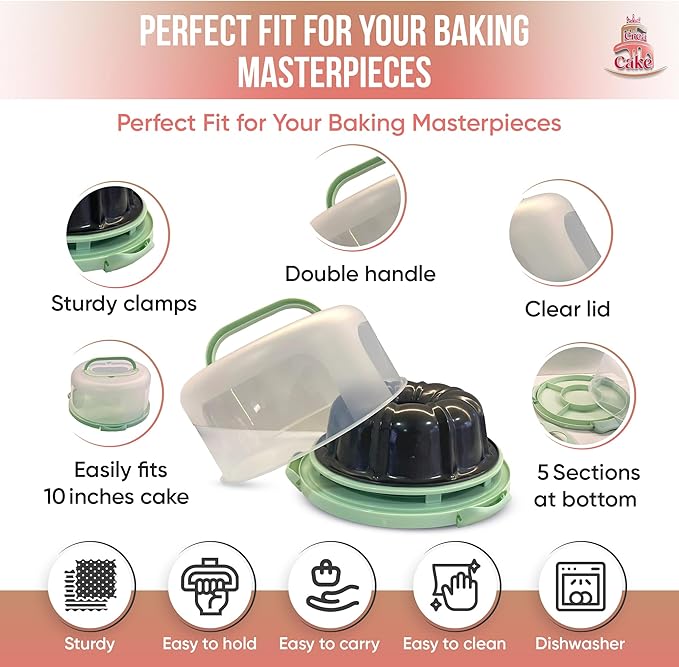 10 inch Bundte Cake Pan Nonstick with 12in Cake Carrier for Easy Transportation - Premium Fluted Cake Pans For Oven, Cake Mold, Moldes para Gelatinas