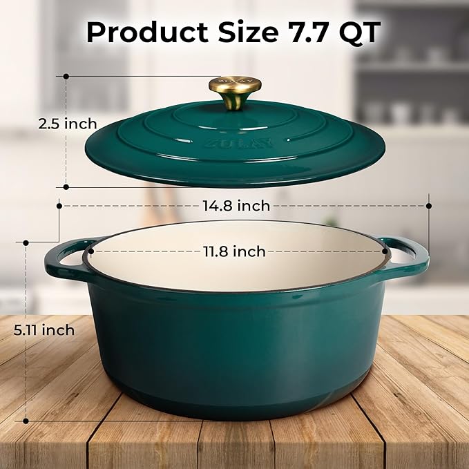 Zulay Kitchen 7.7 Quart Enameled Cast Iron Dutch Oven with Lid, Silicone Trivet & Heat Pad – Premium Durability & Oven Safe up to 500°F – Heavy Duty Cookware Perfect for Bread Baking, Stews, Braising & Roasting – emerald