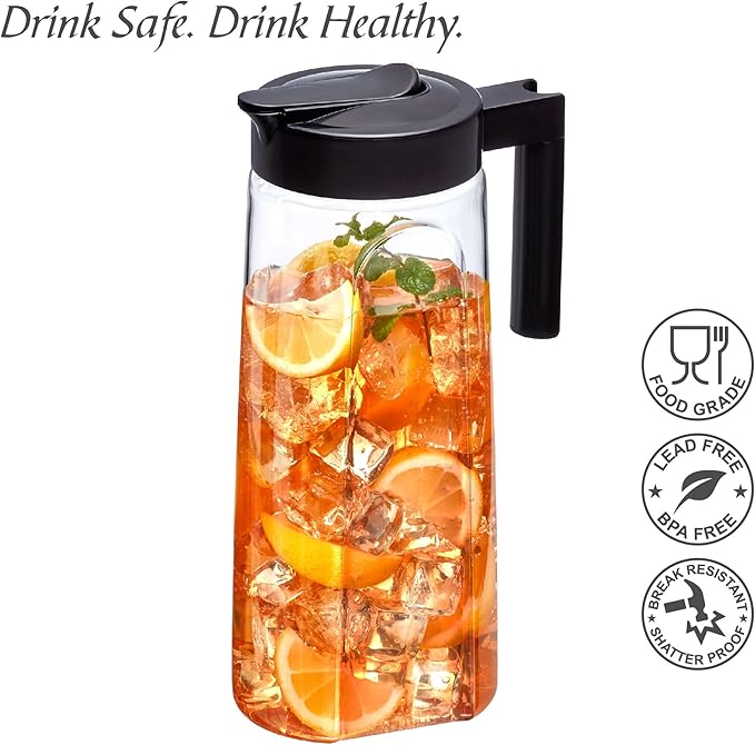Amazing Abby - Slim - Tritan Pitcher (64 oz), Unbreakable Plastic Water Pitcher with Lid, BPA-Free, Heat-Resistant, Dishwasher-Safe, Great for Both Iced and Hot Drinks, Indoors and Outdoors, Black