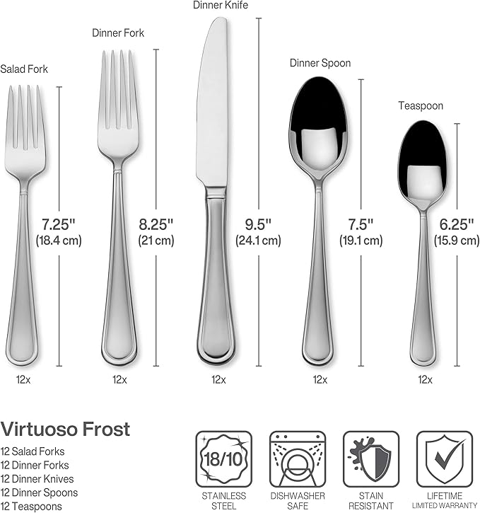 Mikasa, Virtuoso Frost Flatware Service for 12, 65 Piece Set, 18/10 Stainless Steel, Silverware Set with Serving Utensils