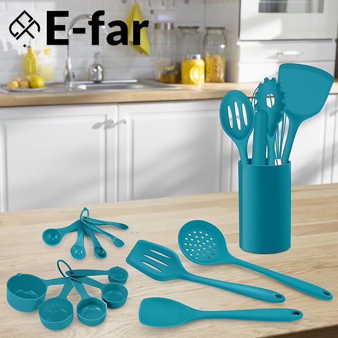 E-far Silicone Cooking Utensils Set, 24Pcs Heat Resistant Kitchen Utensil with Holder, Silicone Kitchen Tools with Spatula Turner Spoon Tongs Whisk, Non-Toxic & Dishwasher Safe (Blue)
