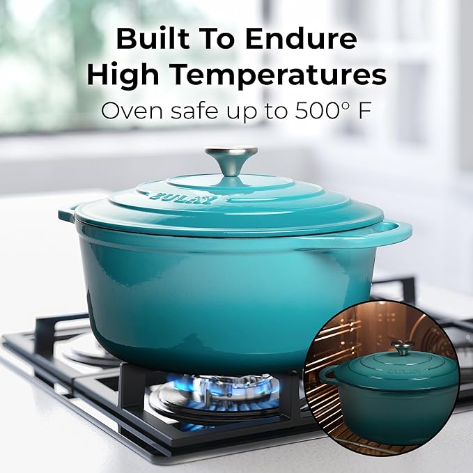 Zulay Kitchen 5 Quart Enameled Cast Iron Dutch Oven with Lid,Silicone Trivet & Heat Pad – Premium Durability & Oven Safe up to 500°F – Heavy Duty Cookware Perfect for Bread Baking, Stews, Braising & Roasting – Light Blue