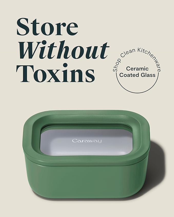 Caraway Mini Rectangle Food Storage Container - 2.6 Cup Glass Storage Container for Food - Non-Toxic Ceramic-Coated Glass - Air Release Technology - Compact & Stackable Design - Sage