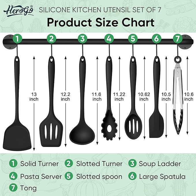 Herogo Silicone Cooking Utensils Set, 7-Piece Kitchen Utensils Set, Heat Resistant Cooking Gadget Tools Slotted Turner, Spoon, Soup Ladle, Pasta Server, Spatula, Tongs for Nonstick Cookware, Black