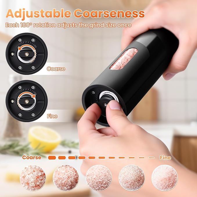 110ml Electric Salt and Pepper Grinder Set, 2-Pack Auto Salt and Pepper Shakers with Large Capacity, Rechargeable, Adjustable Coarseness for Kitchen, Outdoor Dining (Black & White)