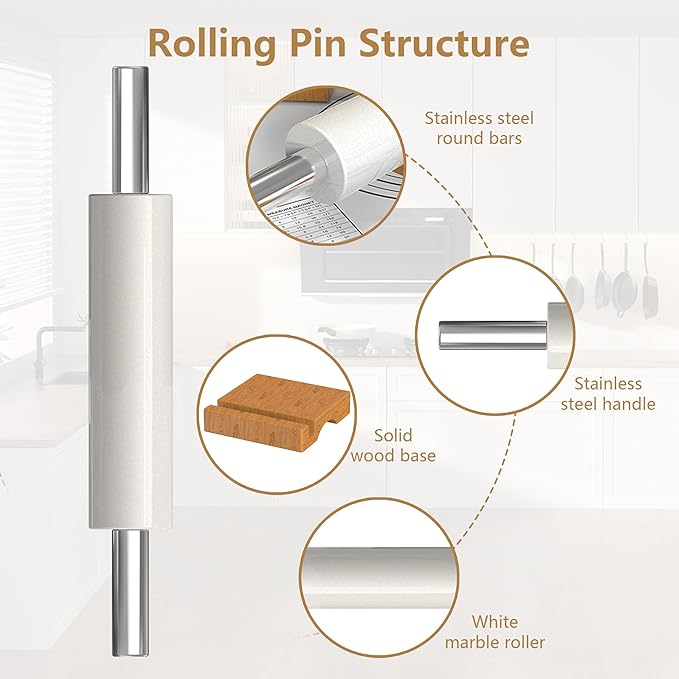 Marble Rolling Pin with Stainless Steel Handle for Baking,Fondant,Pizza,Cookie Crust,Pie,Cookies,Pastry, 18.5”(Includes handle) Marble Rolling Pin with 3 Multi-Color Thicknesses and Wood Stand