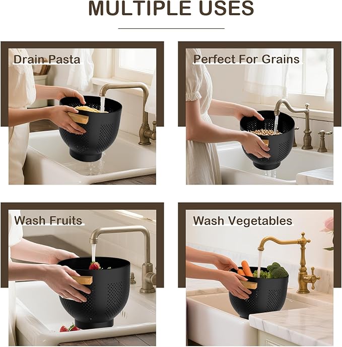 Colander for Kitchen, 6 QT Metal Colander with Wood Handle, Essentials Kitchen Gadgets Strainers and Colanders Food Strainer Basket for Draining Pasta Strainer, Vegetable & Fruit, Black