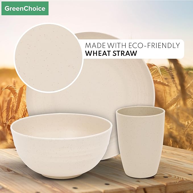 Wheat Straw Dinnerware Sets for 4 - GreenChoice Lightweight & Unbreakable Dishes Microwave & Dishwasher Safe Perfect for Camping, Picnic, RV, Dorm Plates, Cups and Bowls (Beige)