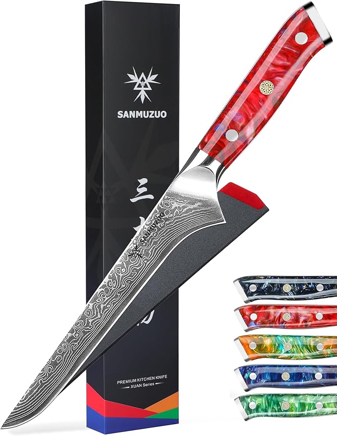 7 inch Fillet Knife, VG10 Damascus Steel Fish Boning Knife with Resin Handle - Xuan Series (Sunset Red)