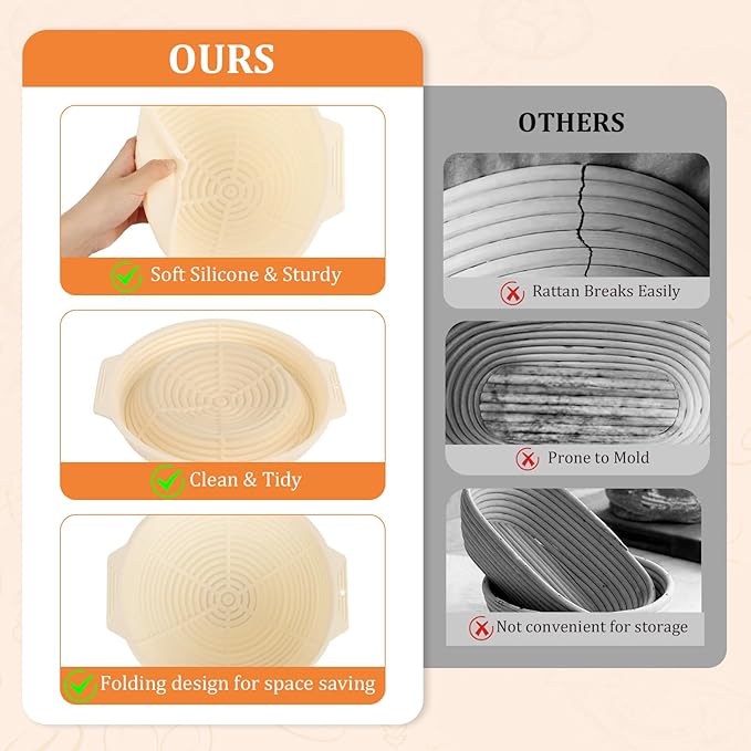 Sourdough Bread Baking Supplies Kit Including 9 inch Round Silicone Banneton Basket, Dough Scraper, Bread Lame, Danish Whisk and Bread Bag;Bread Proofing Basket Set for Home Bakers