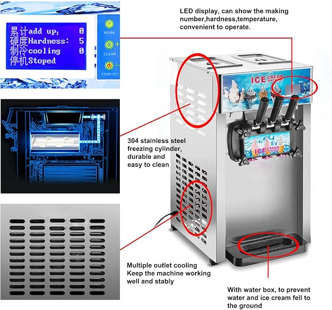 3 Flavor Soft Ice Cream Machine Commercial Soft Serve Ice Cream Maker Sorbet Frozen Yogurt Gelato LED Display Desktop Type 1200W 110V