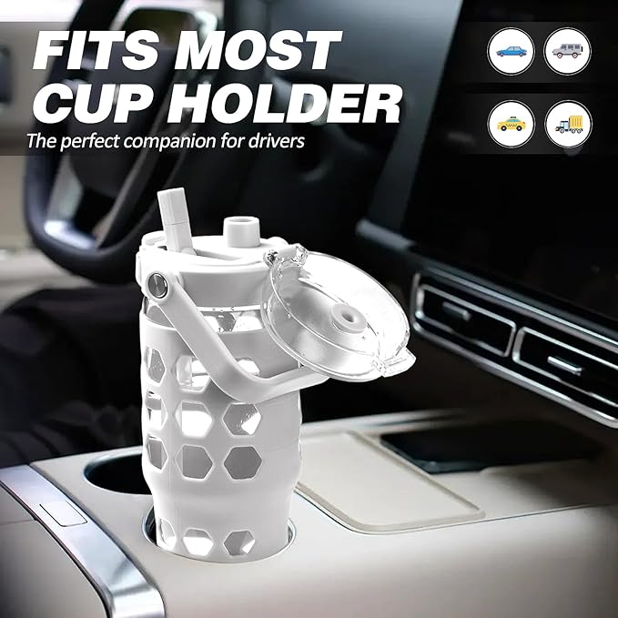 MUKOKO 32 oz Glass Tumbler with Straw,Glass Water Bottles with Time Marker,Iced Coffee Cup with Silicone Sleeve,Motivational Drinking Bottles,Leakproof-White