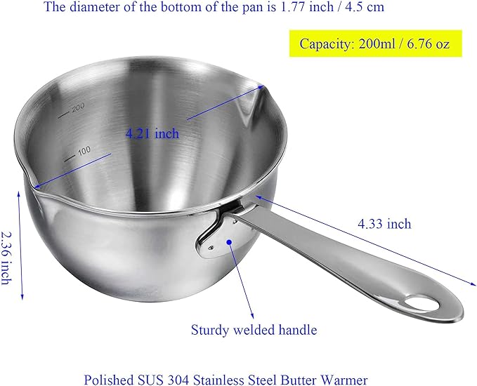6.76 Oz Mini Butter Warmer Stainless Steel Small Melting Pot For Stove Top 0.2 Quart