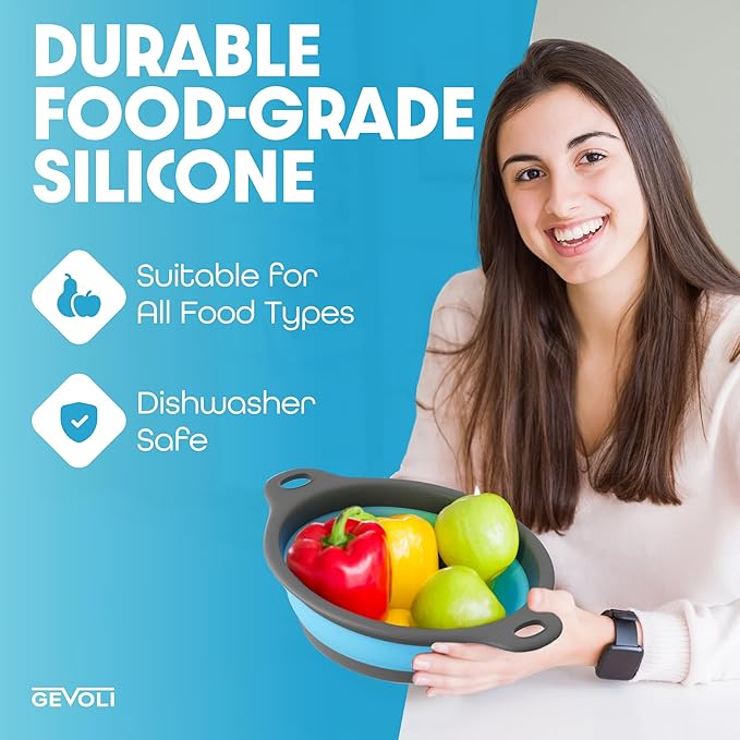 Strainer with Self-Draining Base (5QT) Over-Sink Collapsible Kitchen Colander Set with Side-drain Base for Pasta Vegetables and Fruit, XL Large Capacity, Dishwasher Safe (5-Quart) Blue/Gray