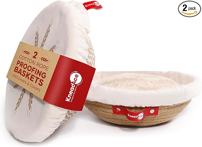 Cotton Rope Banneton Bread Proofing Basket Set, 2 x Round Bread Basket with Liners & Covers for Artisan Bread Baking, Sourdough Bread Baking Supplies