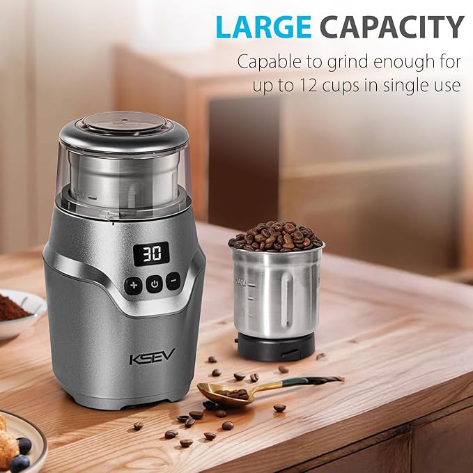 Digital Display Timer Electric Coffee Grinder, 150W Herb Grinder, Large Capacity Up to 12 Cups, Whisper Quiet, Safety Lock Feature, Removable Stainless Steel Cup for Spices, Herbs, Nuts (Silver)