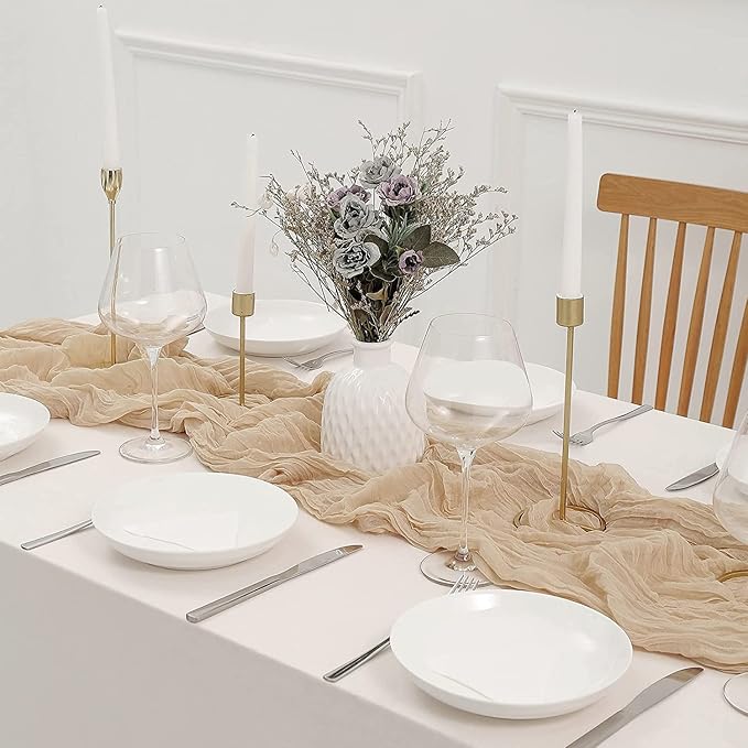 12 Pack Beige Cheesecloth Table Runner 10ft Boho Gauze Cheese Cloth Table Runner Rustic Sheer Runner 120 inch Long for Christmas Wedding Bridal Baby Shower Birthday Table Decorations