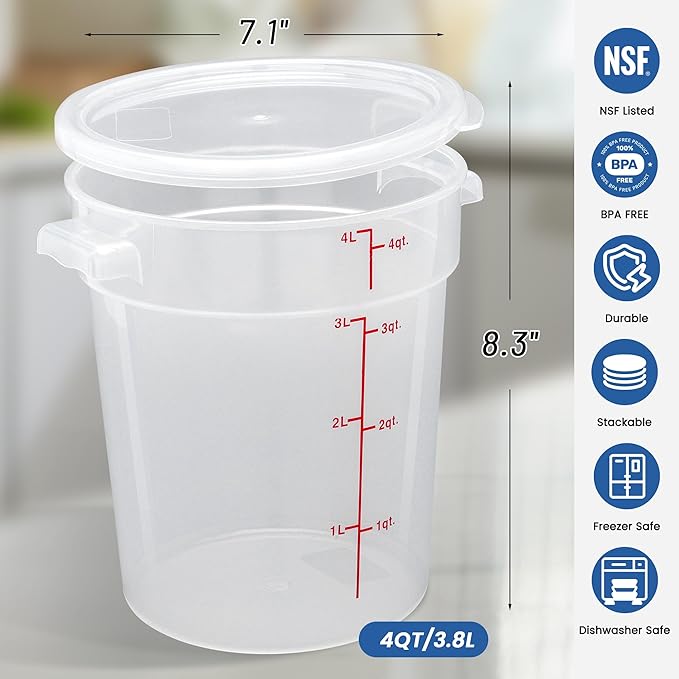 4 Pack 4QT Round Food Storage Containers with Lids, BPA-Free Polypropylene NSF Commercial Food Container, with Labels & Measuring Cup