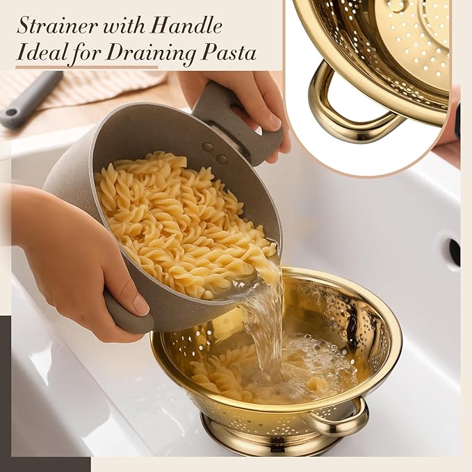 3 Pcs Gold Colander Set 1/2.5/4 Quart Stainless Steel Colander Gold Strainer Basket with Handles Kitchen Strainer for Draining Spaghetti Pasta, Rinsing Vegetables or Fruits