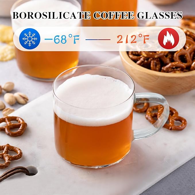 14 oz Glass Coffee Mugs Set of 4 Large Glass Coffee Cups with Anti Scald Handles,Lightweight Durable Clear Mugs for American Cappuccino Latte Tea Milk Espresso Juice Hot and Cold Beverages