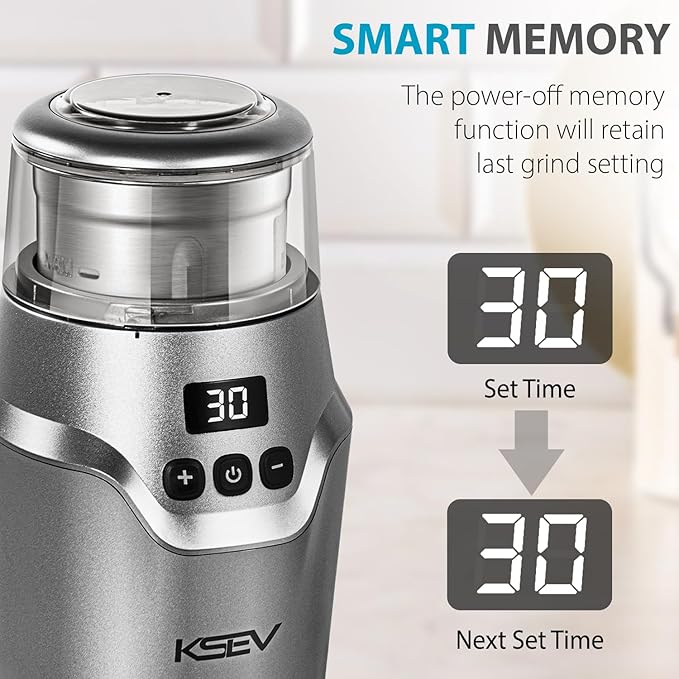 Digital Display Timer Electric Coffee Grinder, 150W Herb Grinder, Large Capacity Up to 12 Cups, Whisper Quiet, Safety Lock Feature, Removable Stainless Steel Cup for Spices, Herbs, Nuts (Silver)