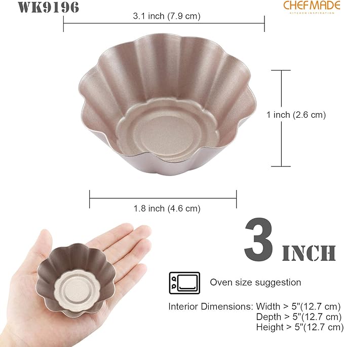 CHEFMADE Mini Pudding Pan Set, 3-Inch 4Pcs Non-Stick Egg Tart Mold Flower-shaped Pie Bread and Cake Pan Bakeware for Oven and Instant Pot Baking (Champagne Gold)